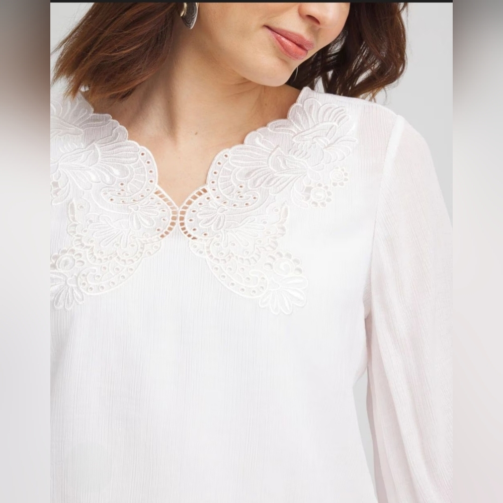 Chico's White Embroidered Floral Blouse Balloon Hem Boho Top | Size 4